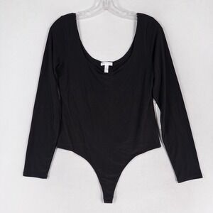 Leith Bodysuit Womens L Black Long Sleeve Scoop Neck Stretch Minimalist NEW